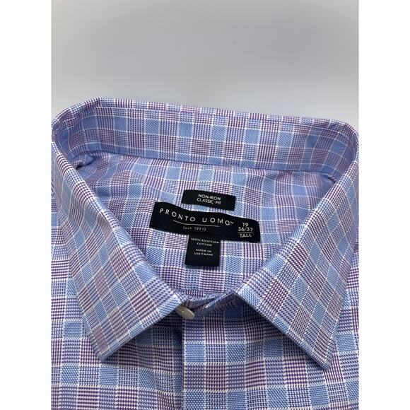 Pronto Uomo Plaid Dress Shirt Size 19 / 36-37 Tall Button Up Long Sleeve NWT - Picture 1 of 8